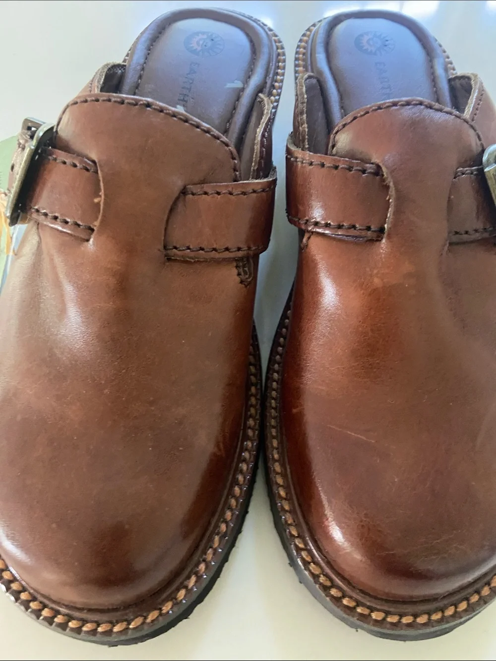 Earth Origins Men’s Tan Brown Leather Slip-On Clogs with Buckle